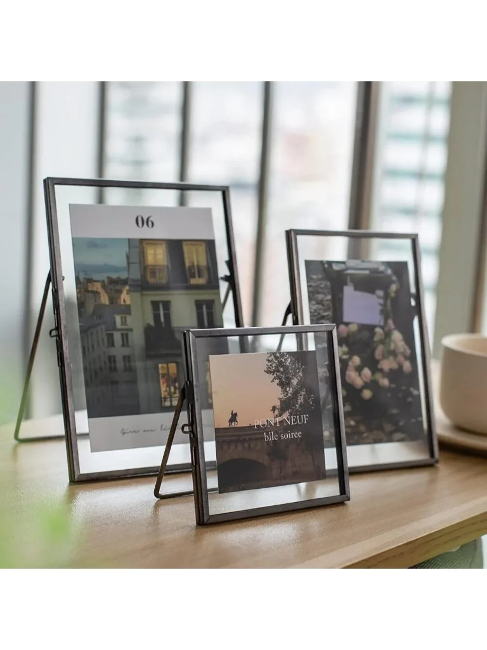 Vintage Gunmetal Gray Floating Picture Frames Set of 3 - Glass Pressed Flowers